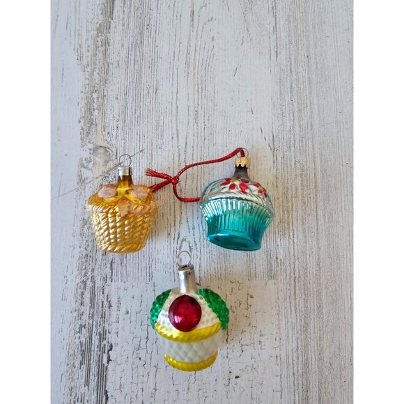 Vintage glass mercury basket fruit flour ornament West Germany set - Picture 1 of 14